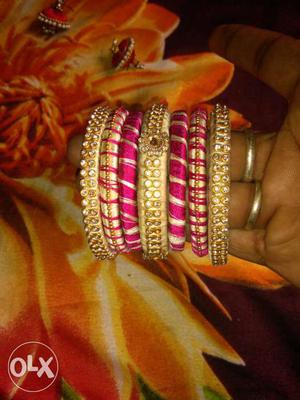 Gold And Pink Silk-thread Bangles
