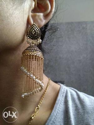 Gold And White Pearl Beaded Hook Earrings