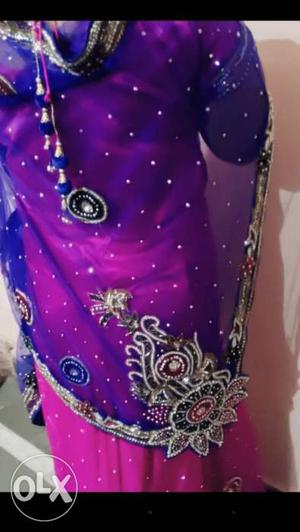 New blue and pink lehenga having sari pattern