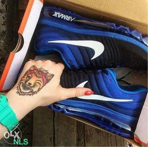 Pair Of Black-and-blue Nike AirMAx Sneakers In Box