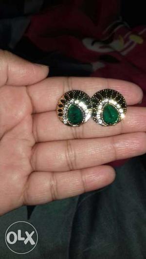 Pair Of Green Gemstone Embellished Silver Earrings