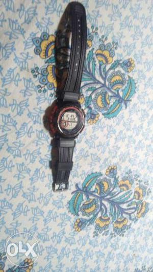 Round Black Frame Digital Watch With Black Strap