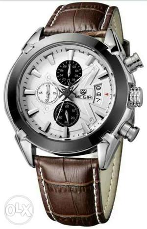 Round Silver Megia Chronograph Watch With Brown Leather