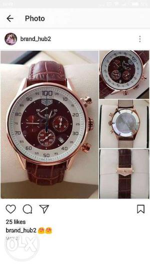 Round White And Maroon Chronograph Watch With Maroon Leather
