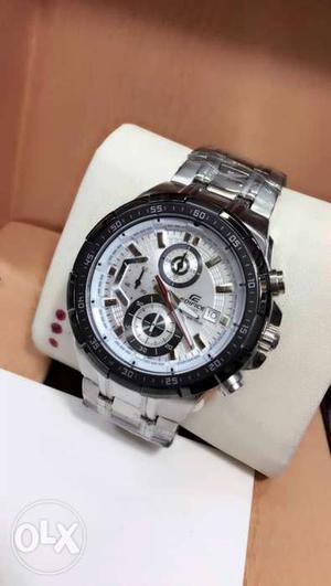 Round White Edifice Chronograph Watch With Link Band