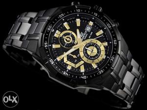 Silver Linked Black Face Chronograph Watch