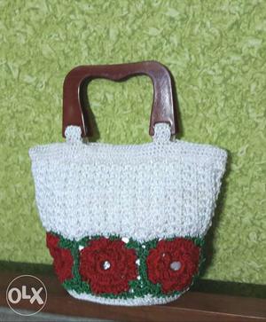 White, Green And Red Floral Knitted Hand Bag