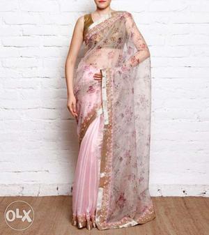 Women's Pink Floral Sari. Brand New. Designer Wear