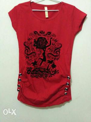 Women's Red And Black Crew-neck Shirt