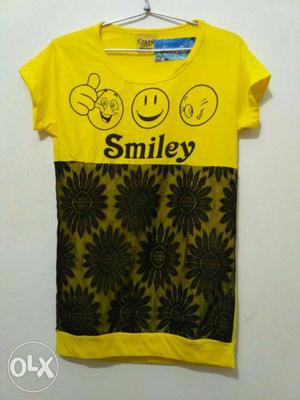 Yellow And Black Smiley Crew-neck Cup Sleeve Shirt