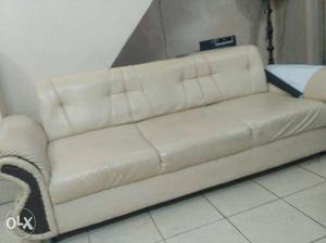 Beige Leather 3-seat Sofa