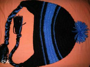 Black And Blue Knitted Aviator Bobble Cap
