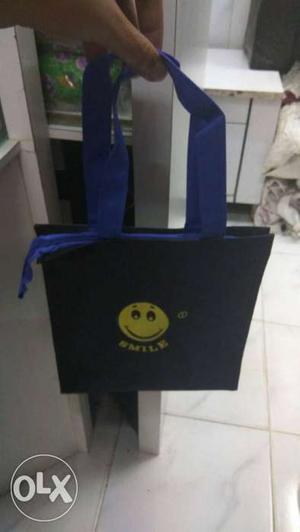 Black And Blue Tote Bag With Smiley Print