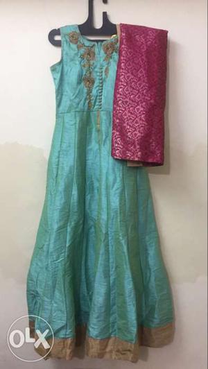 Blue And Brown Sleeveless Dress With Pink Dupatta