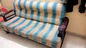 Blue, Beige, And Purple Fabric And Wood Sofa