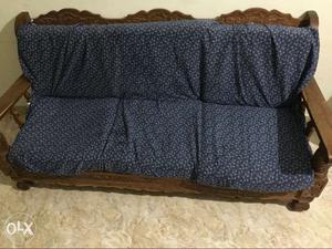 Brown Wood-framed Blue Fabric Sofa