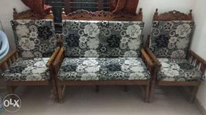 Brown Wooden Framed Gray And White Floral Padded 3-piece