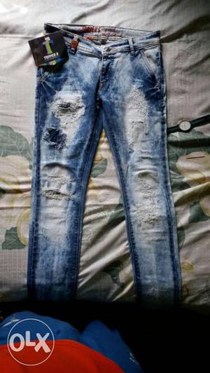 Distressed Washed Blue Fitted Jeans