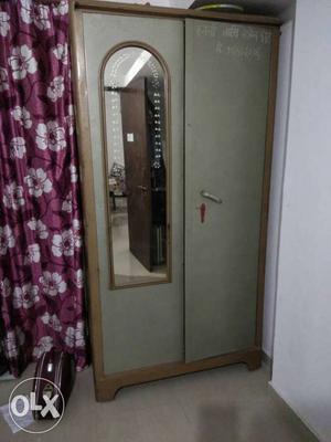 Gray And Brown Wooden Wardrobe With Mirror