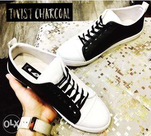 Pair Of Black-and-white Twist Charcoal Low-top Sneakers