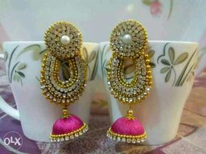 Pair Of Gold-and-pink Diamond Jhumka