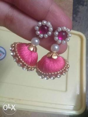 Pair Of Pink Silk Thread Dangling Earrings