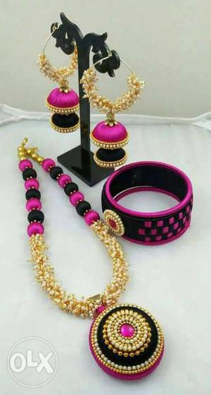 Pink-black-and-golden Thread Necklace, Bangle And Pair Of