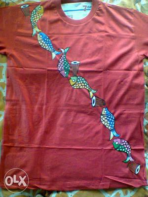 Red Fish Print Crew-neck T-shirt