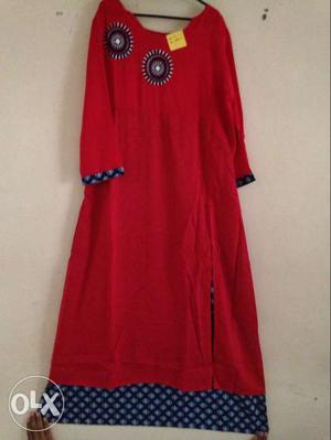 Red and blue long kurti in rayon material