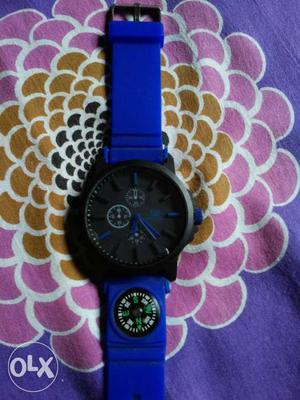 Round Black Chronograph Watch With Blue Rubber Strap