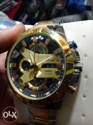 Round Gold And Black Casio Chronograph Watch With Links