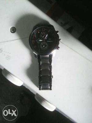 Silver Round Chronograph Watch With Link Band