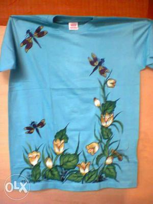 Teal And Green Floral Dragonfly Print Crew Neckl Shirt