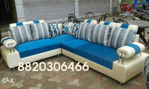 Teal And White Suede L-selctional Sofa