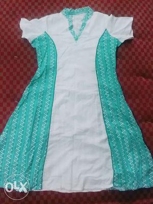 White And Teal Cap-sleeve Dress