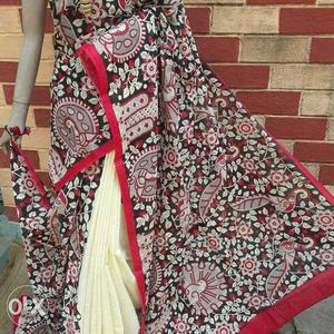 Women's Black, White, Red, Green, And Beige Floral Sari