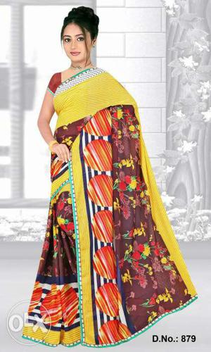 Yellow, Brown, And Red Floral Printed Sari