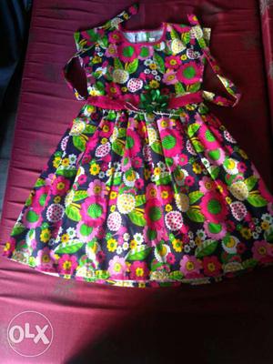 Girl's Pink And Green Sleeveless Dress