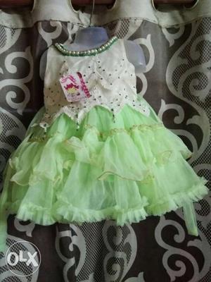 Girl's White And Green Dress