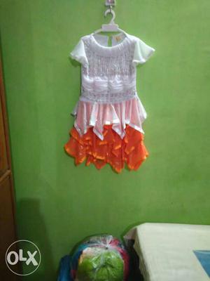 Girl's White And Orange Crew-neck Cap-sleeve Dress