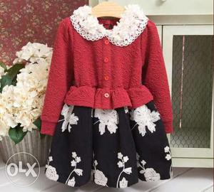 Kid's Red, White And Black Long Sleeve Floral Dress