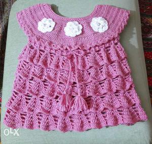 Pink Knitted Scoop-neck Cap-sleeve frock