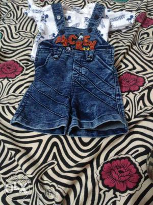 Toddler's Blue Overall Shorts With White Mickey Mouse Top