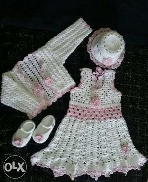 Toddler's White-and-pink Knit Dresses And Shirts