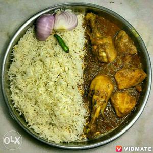 Slice Onion; Rice And Cooked Chicken