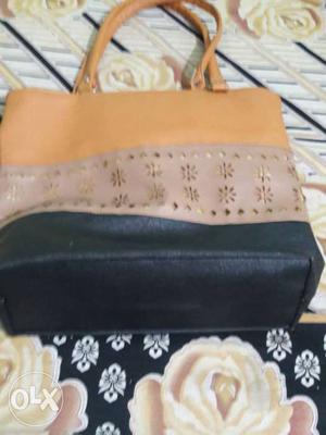 Beige, Gray And Black Leather Tote Bag