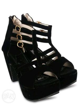 Black Strappy Platform Chunky Heel Sandals
