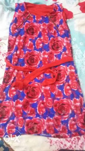 Blue And Red Floral Crew Neck Sleeveless Dress With Belt