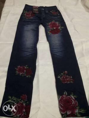 Blue,red And Green Floral Faded Jeans