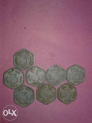 Eight 3 paisa Coins